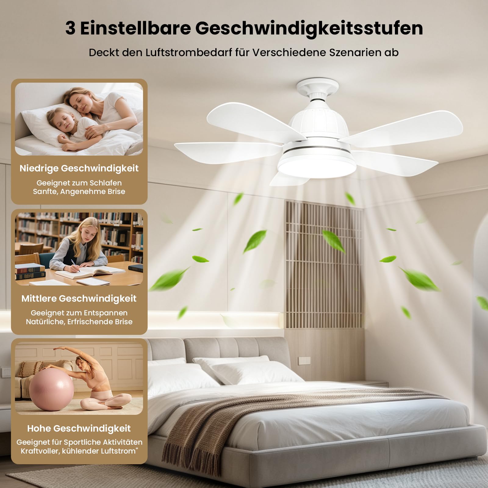 Deckenventilator mit Beleuchtung Leise, Deckenventilator mit Licht | Deckenleuchte mit Ventilator mit Fernbedienung, 3 Windstufen, Dimmbar, Timing Funktion, für Schlafzimmer (46CM)