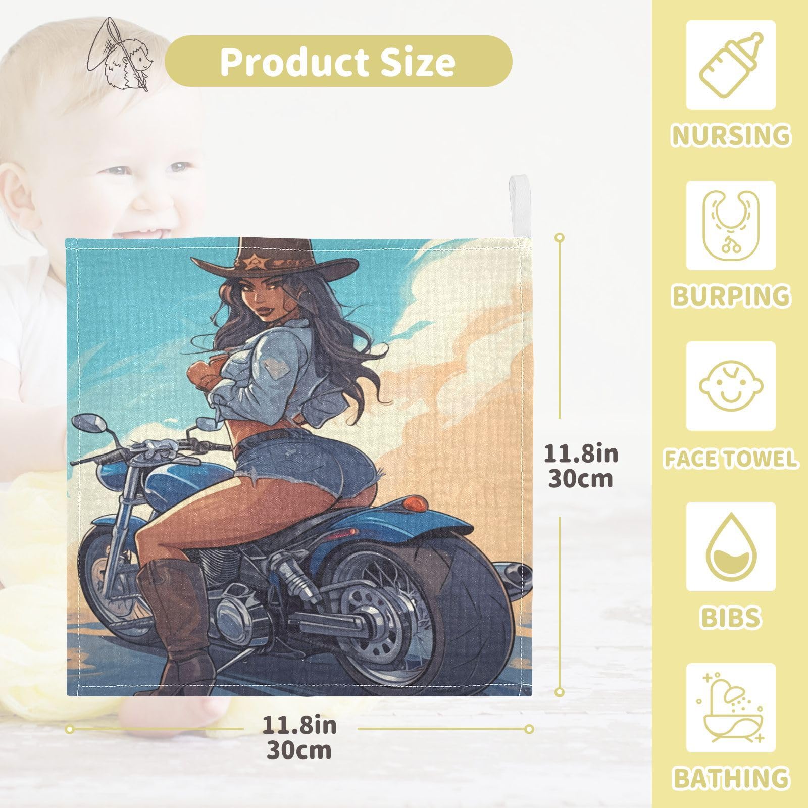 Kigai Cowgirl Riding A Motorcycle Baby Washcloths,3pcs Ultra Soft Absorbent Towel,Newborn Bath Face Towel, Natural Reusable Baby Wipes for Sensitive Skin, Baby Registry as Shower