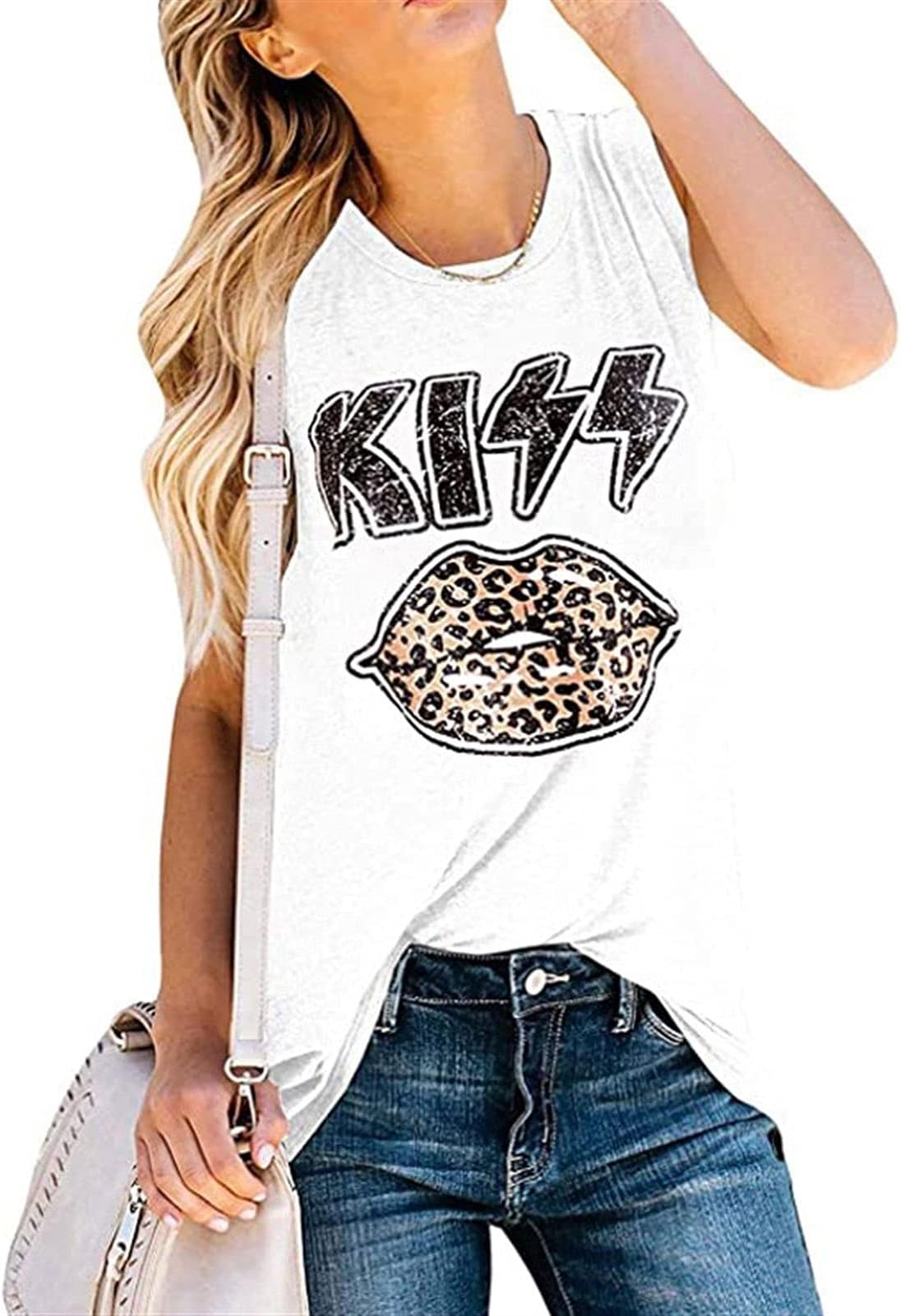 Hong Yi Fei-Shop Women Camisole Tanks Womens Tank Tops Casual Kiss Printed Sleeveless Inspirational Leopard Graphic Tees Summer Tanks Blouses (Color : White, Size : Large)