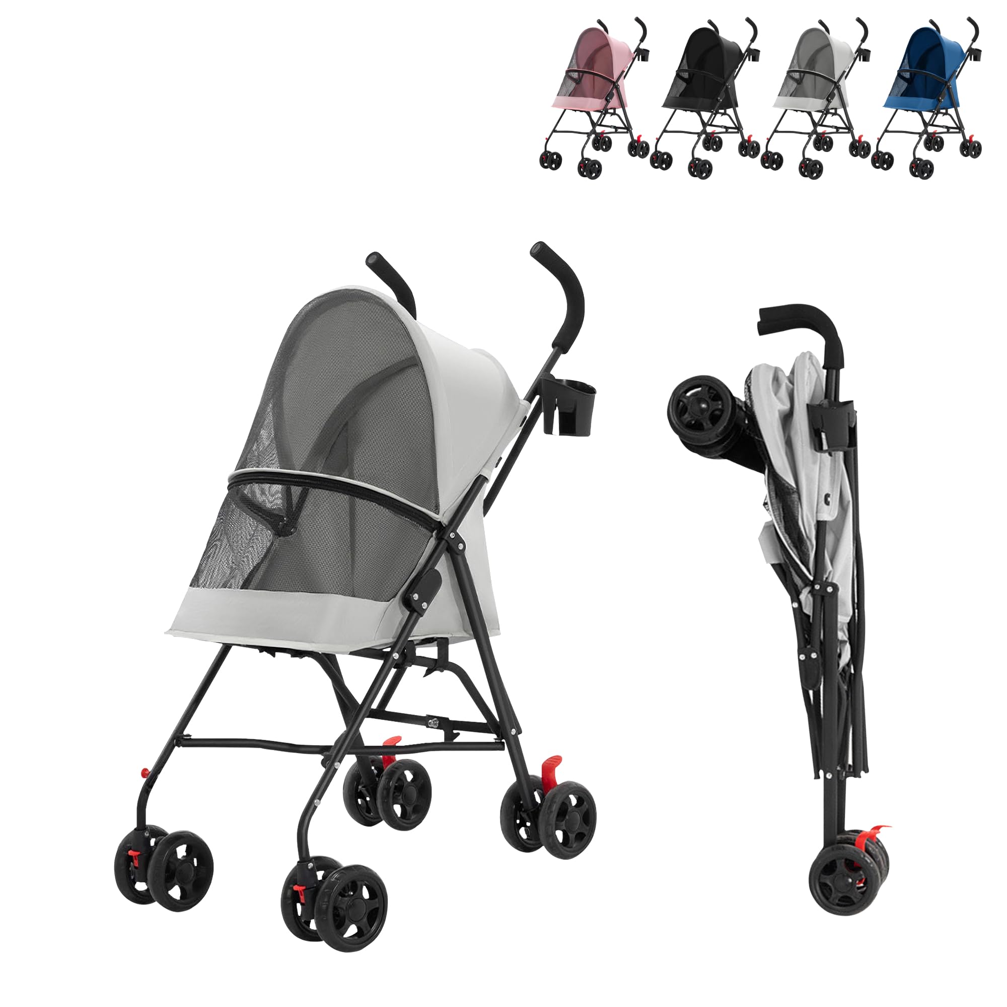 Poussette Animaux de Compagnie avec Porte-gobelet, Voyages Transporteur pour Petits Chien Chat, Pliable Portable Landau pour Animaux, Jusqu'à 15 kg (Gris)