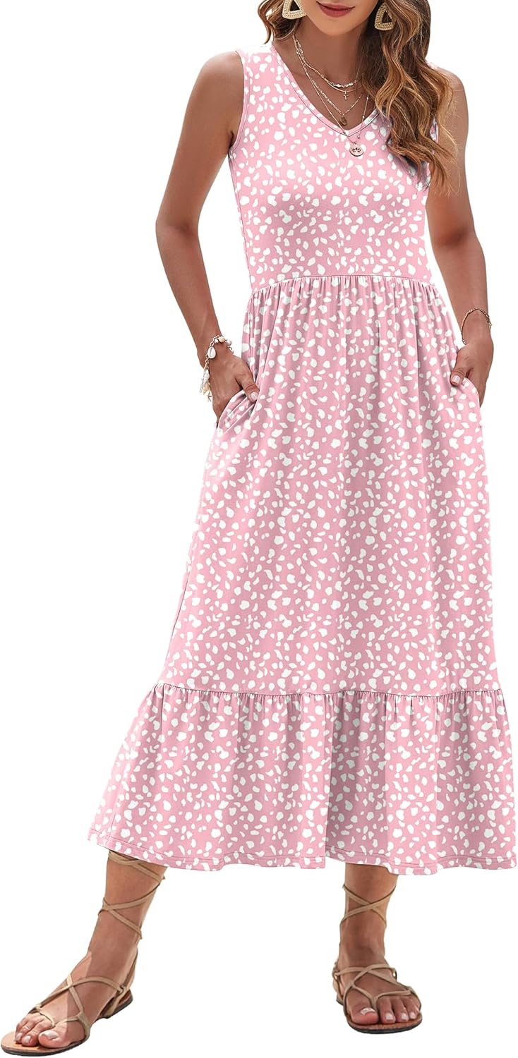 AUSELILY Womens Maxi Dress 2025 Sleeveless Summer Dresses V Neck Casual Tiered Sundresses with Pockets