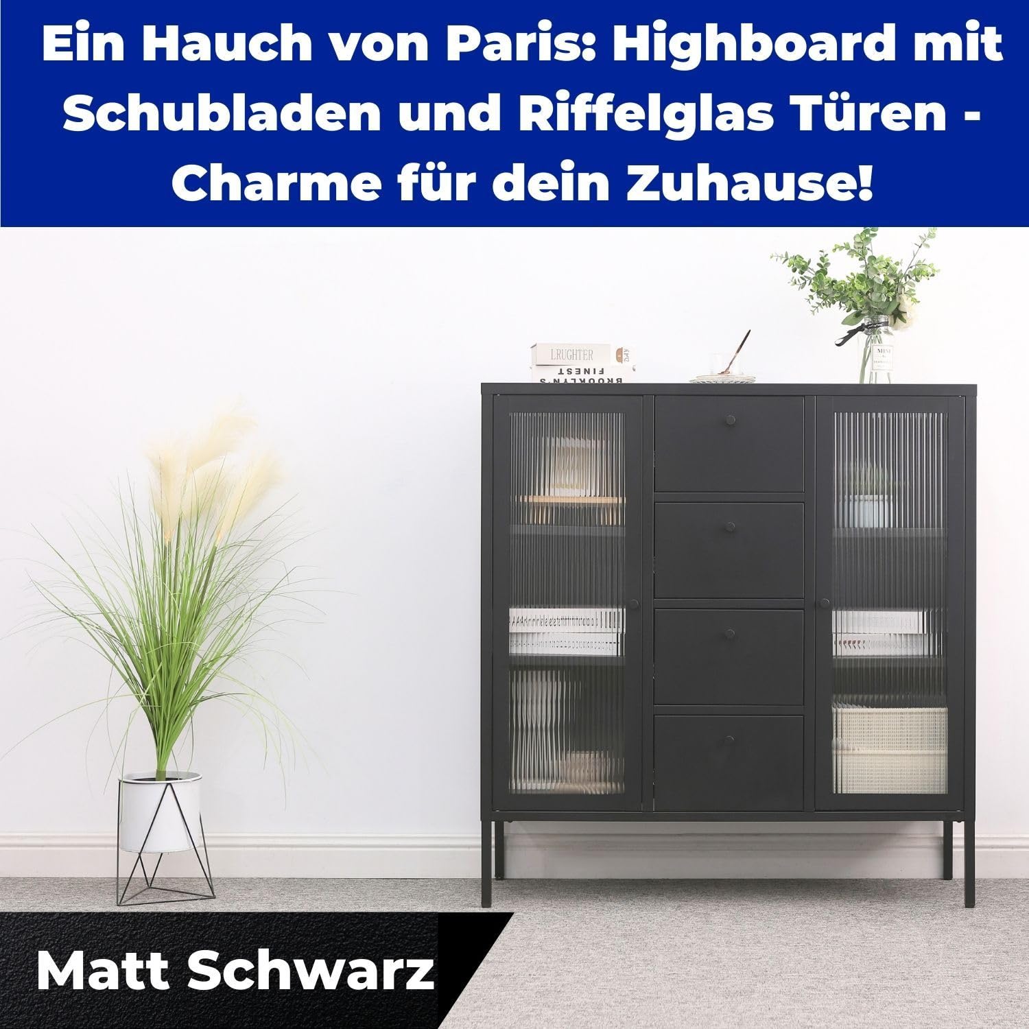 Highboard Paris Schwarz Beistellschrank Wohnzimmer Aufbewahrungsschrank Metall Schrank Ablage und Glastüren, Kommode für Bücher und Deko LxBxH ca. 105x35x110 cm