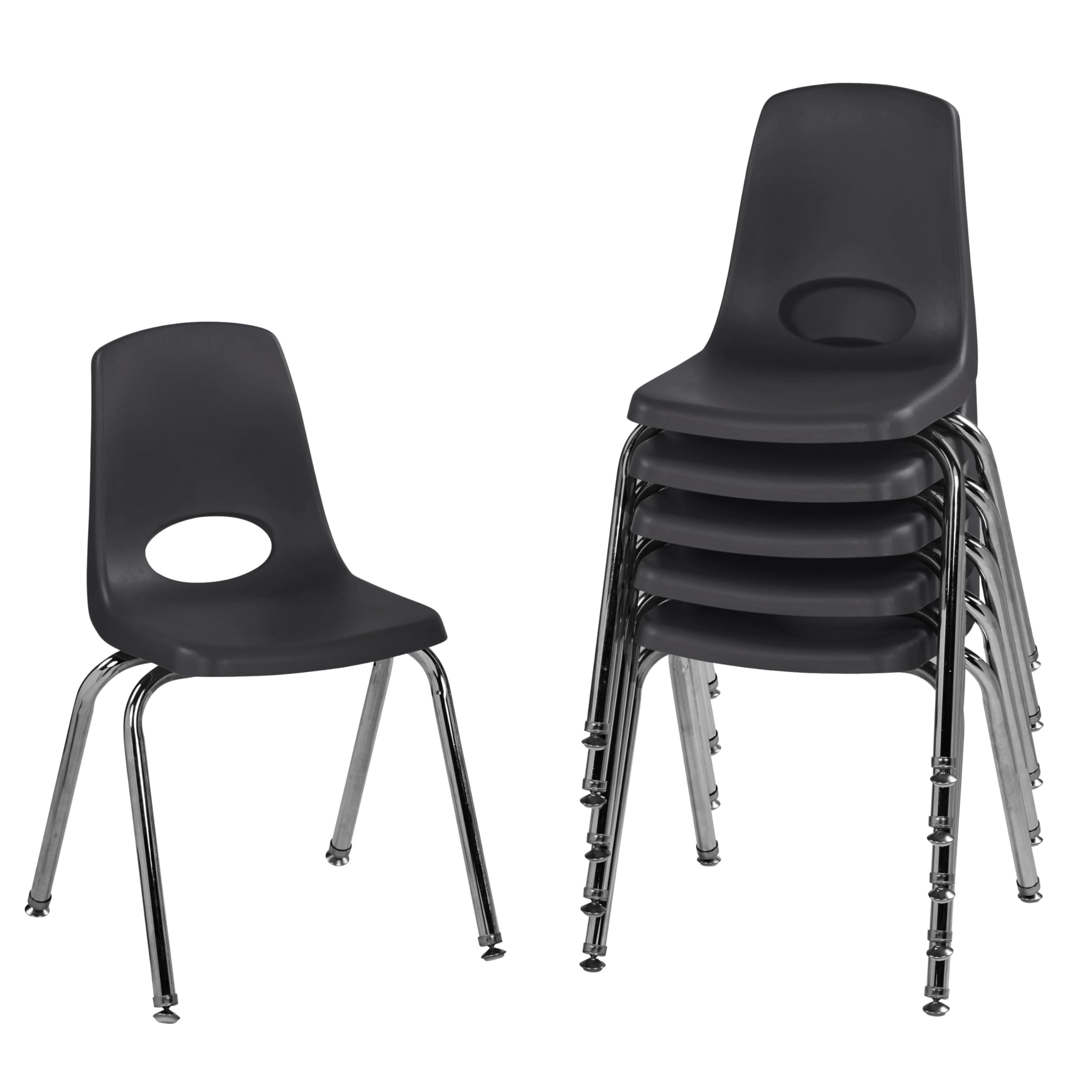 Photo 1 of ***THREE CHAIRS*** FDP 16" School Stack Chair, Stacking Student Seat with Chromed Steel Legs and Nylon Swivel Glides For In-Home Learning or Classroom - Black (6-Pack), 10368-BK