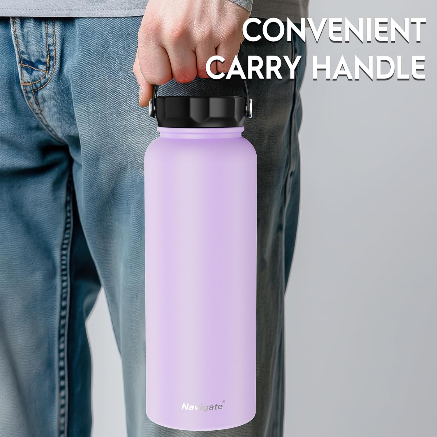 Navigate 40 oz Stainless Steel Insulated Water Bottle,Double Walled Leak Proof Keep Cold for 24 Hrs Hot for 12 Hrs,Wide Mouth Water Jug with Spout & Handle Lids,Purple - Image 3
