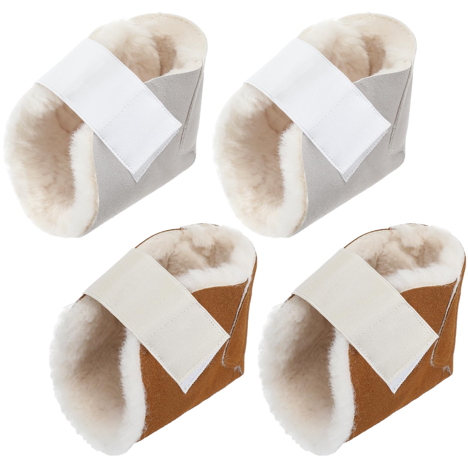 Fersenschutz für Stiefel, Schaffell, weiche Fußpolster mit Sicherungsriemen zum Schutz der Füße, Knöcheldruck, Bettwunden, 2 Paar (Beige, Braun)