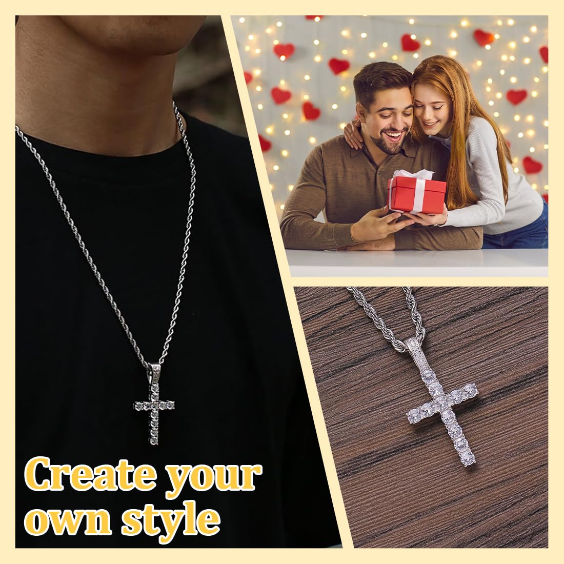 Collana Uomo Con Croce Diamantata - Argento, Acciaio Titanio, 60+5 Cm, Unisex - Foto 12