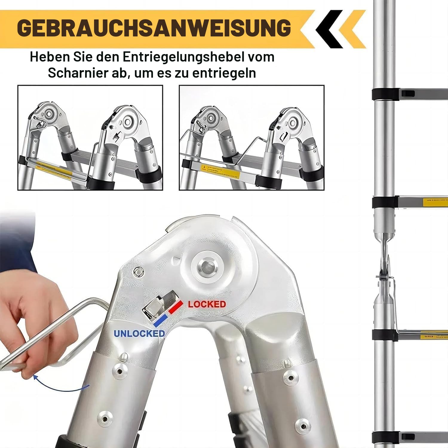 5 m Lange Teleskopleiter, Doppelzweck, Metall, leichte Teleskopleiter mit Stabilisator, kompakte Trittleiter, 150 kg Tragkraft (2,5 m + 2,5 m)