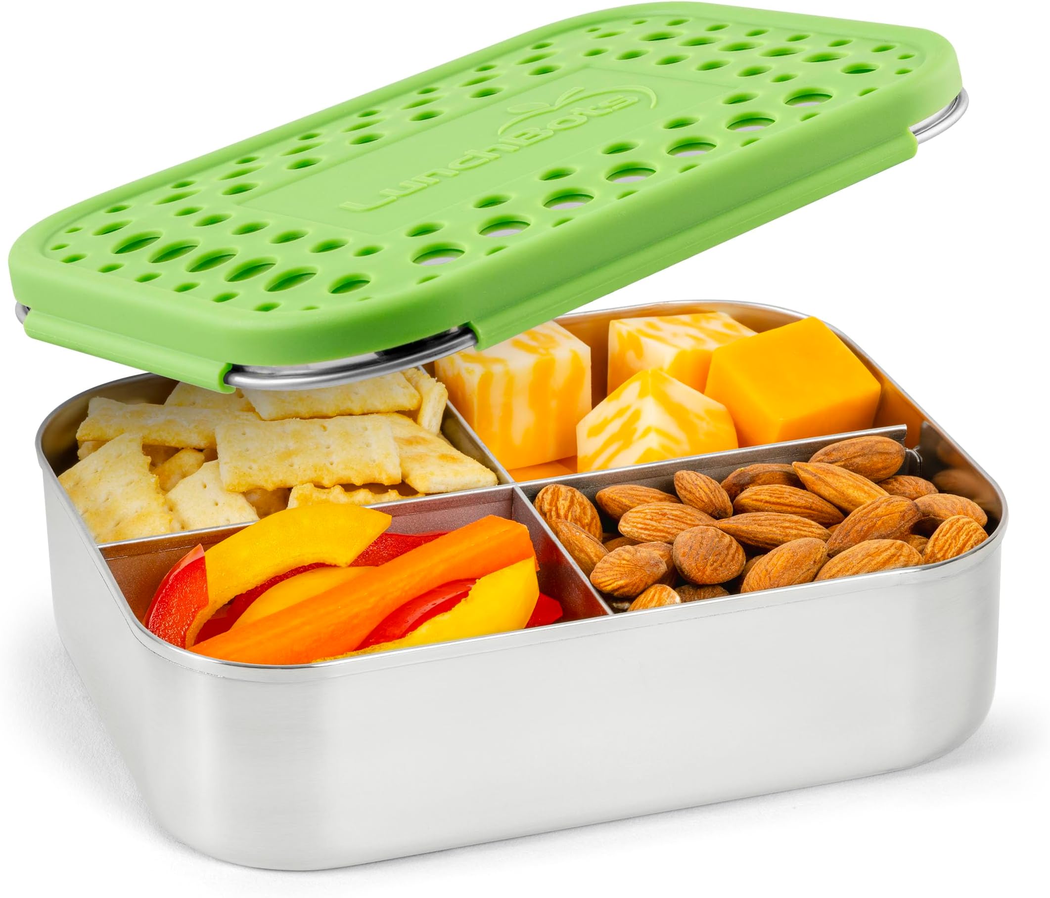 Quad Stainless Steel Food Container - Four Section Design Perfect for Healthy Snacks, Sides, or Finger Foods On the Go - Eco-Friendly, Dishwasher Safe and BPA-Free - Green Dots