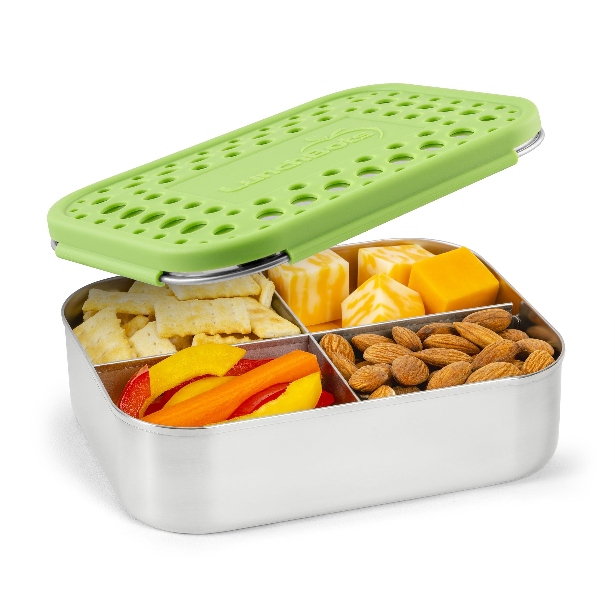 LunchBots Quad Stainless Steel Food Container - Four Section Design Perfect for Healthy Snacks, Sides, or Finger Foods On the Go - Eco-Friendly, Dishwasher Safe and BPA-Free - Green Dots