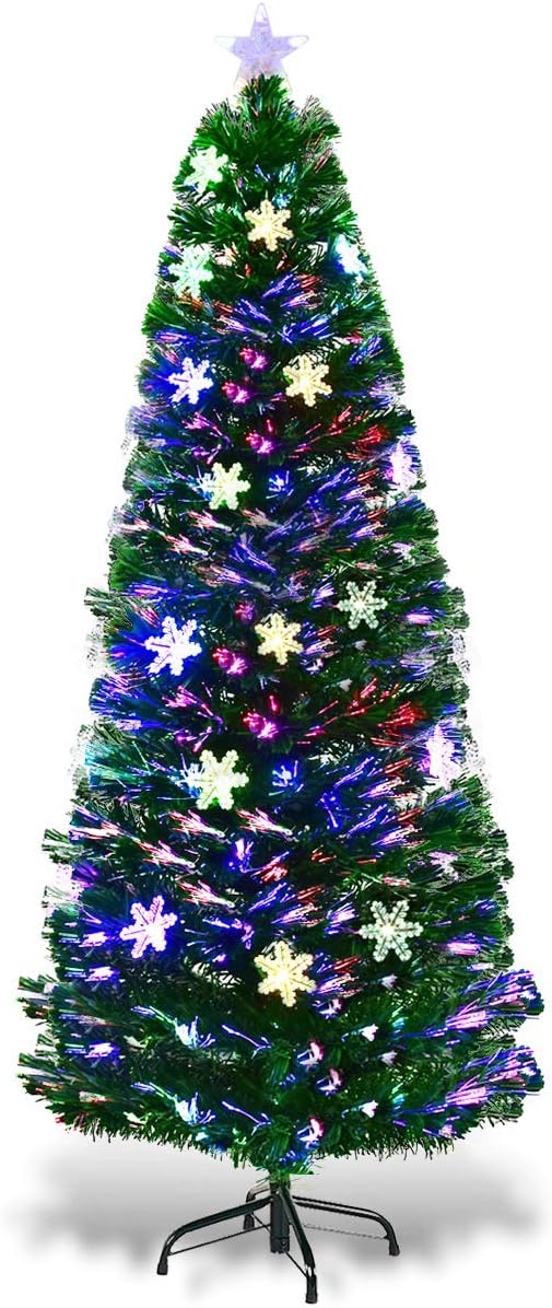 Goplus 6ft Fiber Optic Artificial Christmas Tree, Pre-Lit Xmas Tree with Colorful Snowflake LED Lights, 220 Branch Tips, Foldable Metal Base, for Holiday, Office, Home Decor