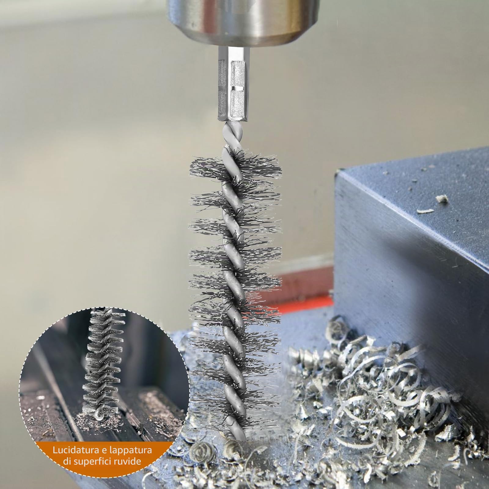 Set di 12 Spazzole Metalliche: 6 in Acciaio Inox e 6 in Rame, Cilindrica Rotonda con Asta Esagonale, Forata per Lucidatura, Levigatura, Rimozione