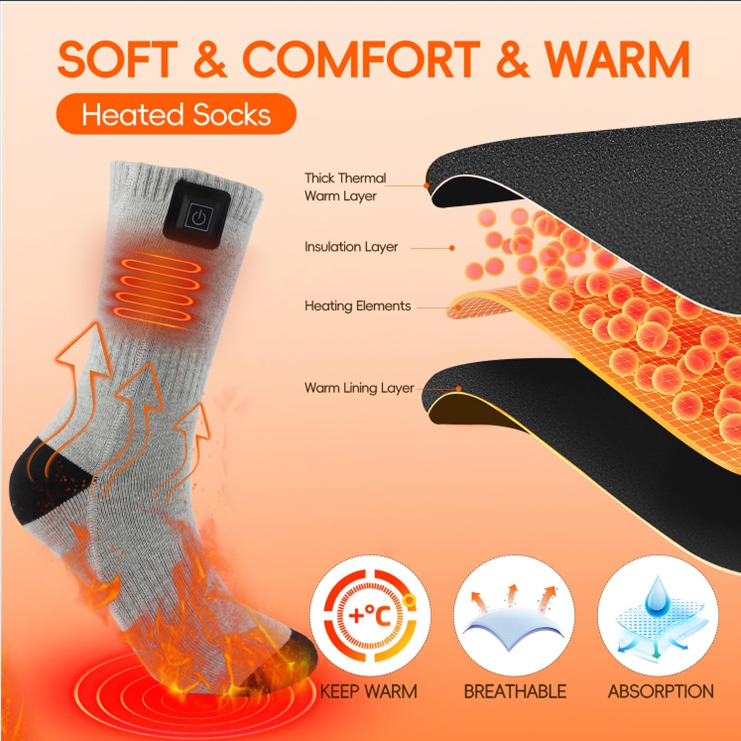 heated socks for men women, battery heated socks, electric heated socks washable winter warm socks for outdoors work fishing hunting skiing cycling hiking camping grey uniform
