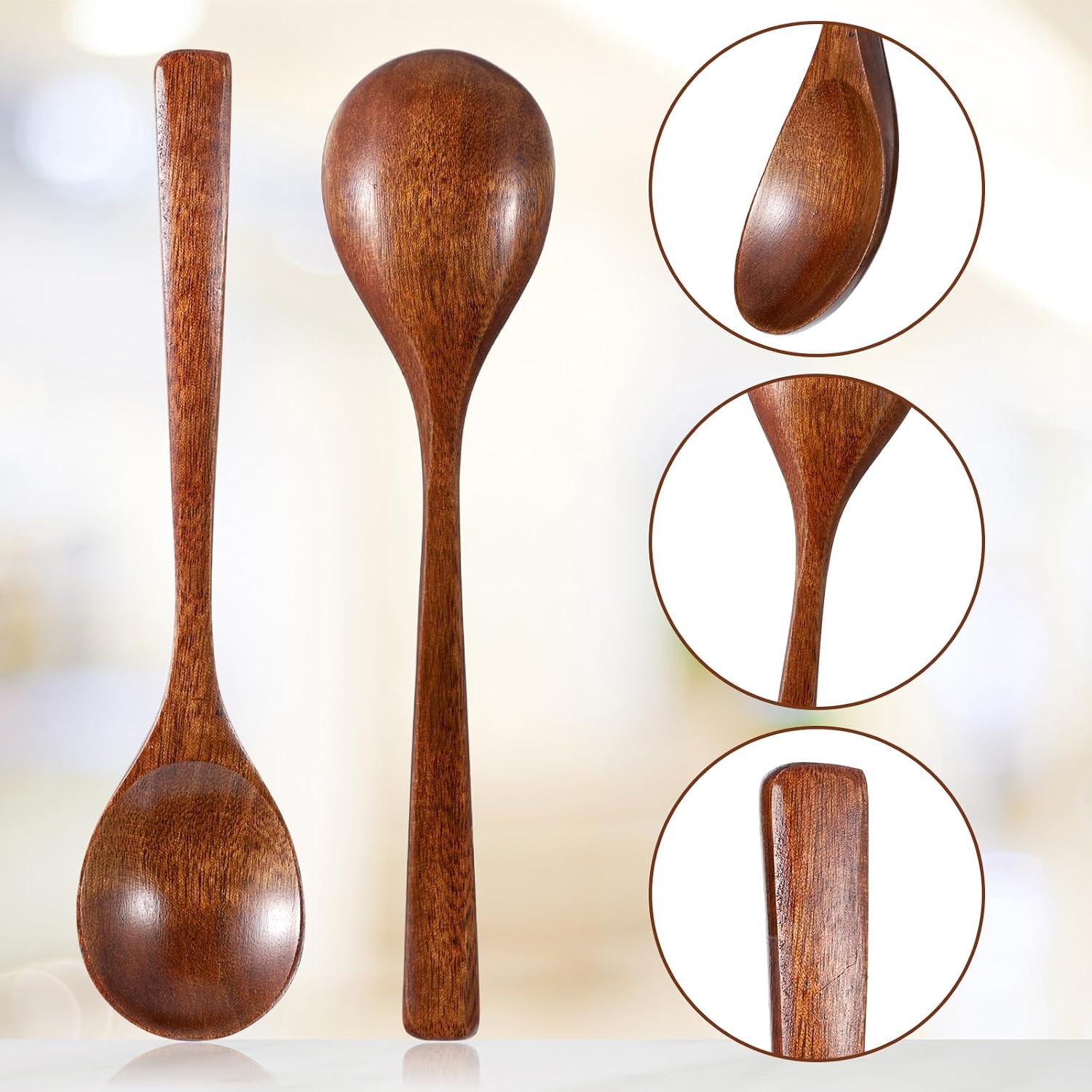 2 Pcs Wooden Spoon for Eating, 7 Inch Wooden Soup Spoons Long Handle Woodens Serving Spoons for Tea, Coffee Desserts Cereal Cooking