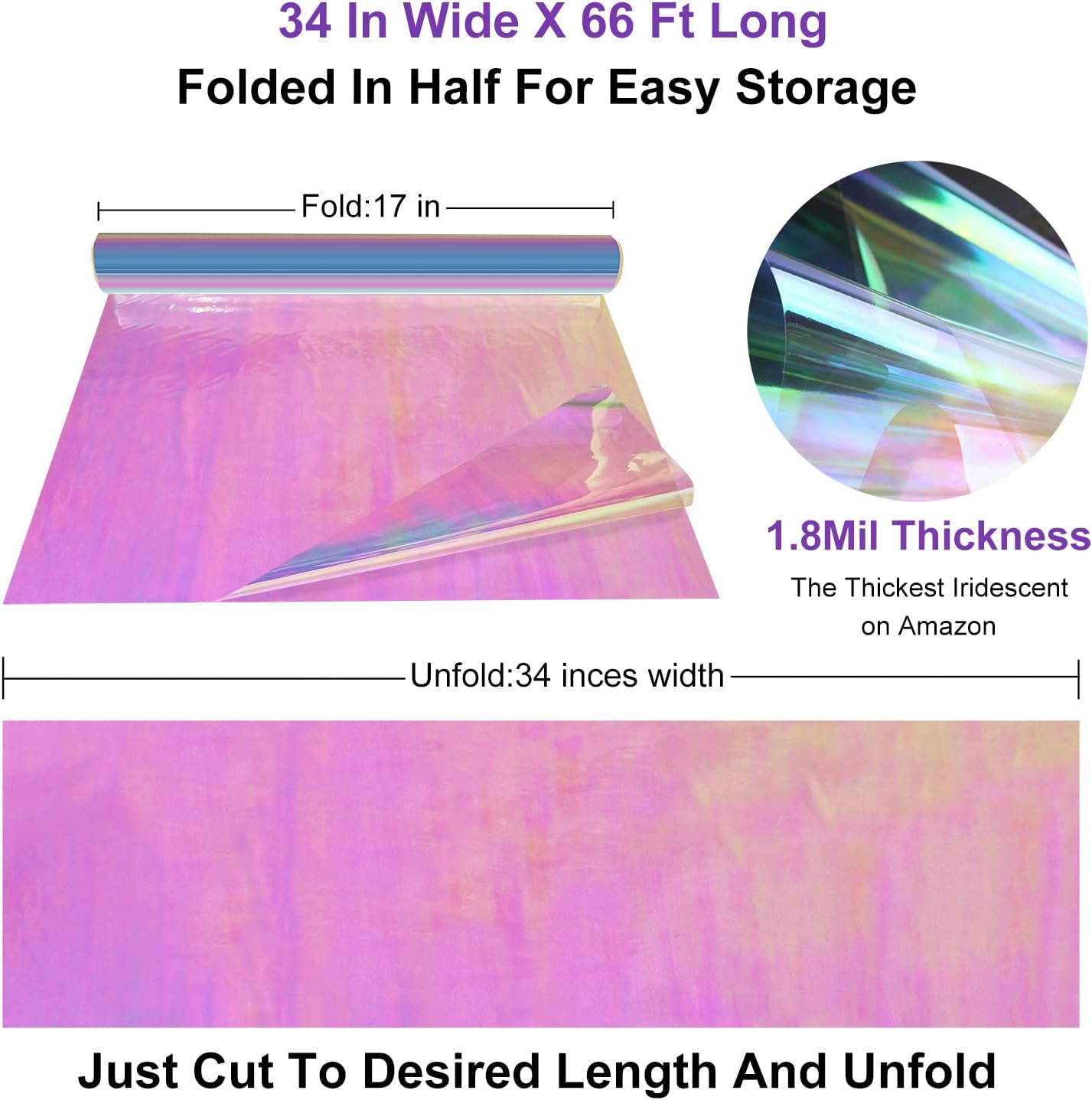 66 ft x 34 in Extra Wide Iridescent Cellophane Wrap Roll, Iridescent Film Cellophane Wrapping Paper Rainbow Colored Cellophane Wrap for Gift Baskets, Treats, Gifts, Flower, Crafts, Holiday, Christmas Decoration : Health & Household