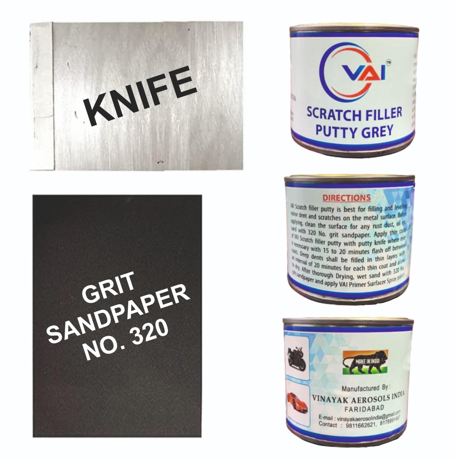 VAI Scratch Filler Putty Grey 200 GMS 1 Putty Knife and 320 Grit Sandpaper to Fill Scratches and dent on car Bike