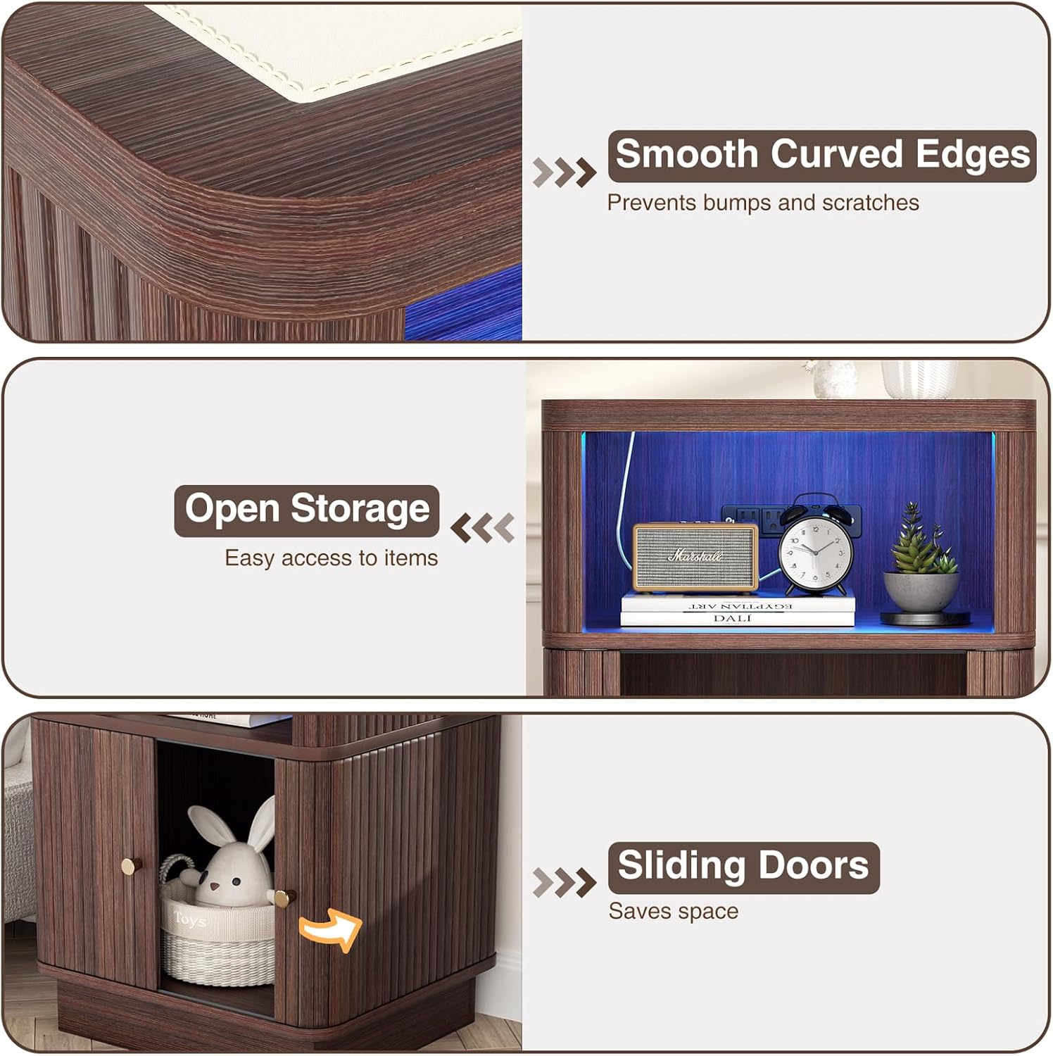 NightStand with Charging Station, Modern Night Stand with Saddle Leather Top, Smart LED, Sliding Door Cabinet and Hidden Drawer, for Bedroom, Living Room, Apartment, Dorm, Office, Walnut