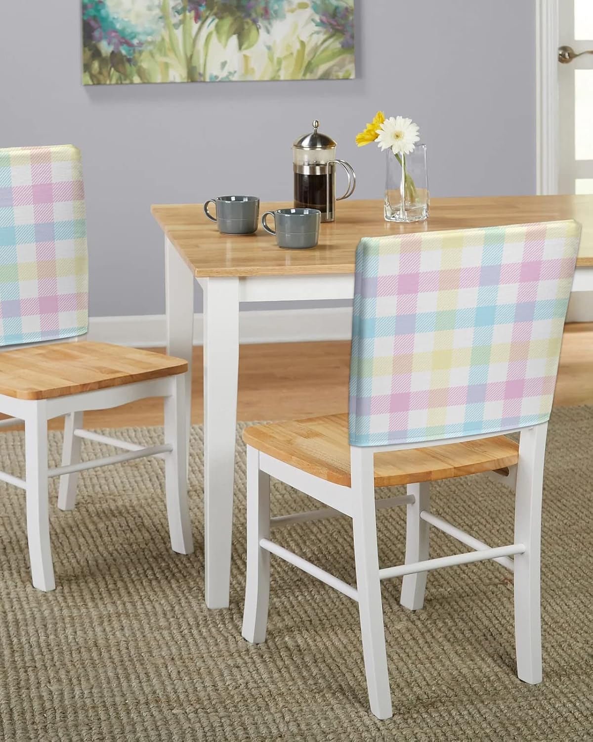 Savannan Dining Chair Back Covers, Easter Plaid Spring Pink Blue Yellow Buffalo Check Chair Covers Chair Slipcovers Protective Covers for Holiday Party Festival Decoration, Set of 4