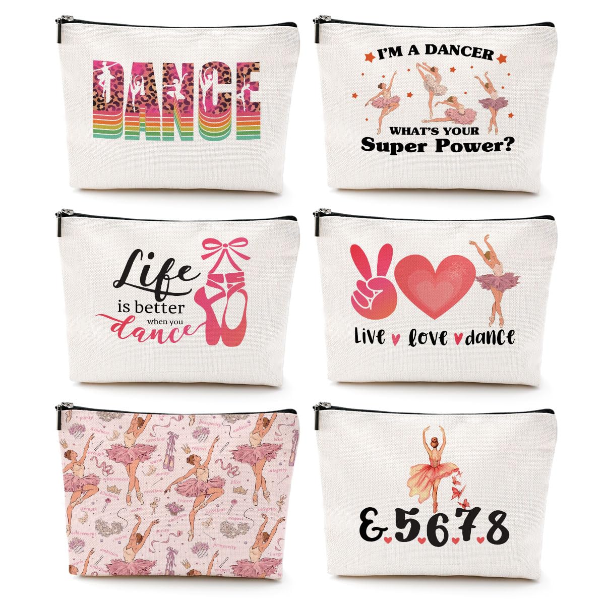 6Pcs Dance Cosmetic Bags Gifts for Dancers Dancer Makeup Bag Dancer Gifts Dance Stuff Recitals Dance Team Gifts Ballet Dancer Gifts for Girls Women