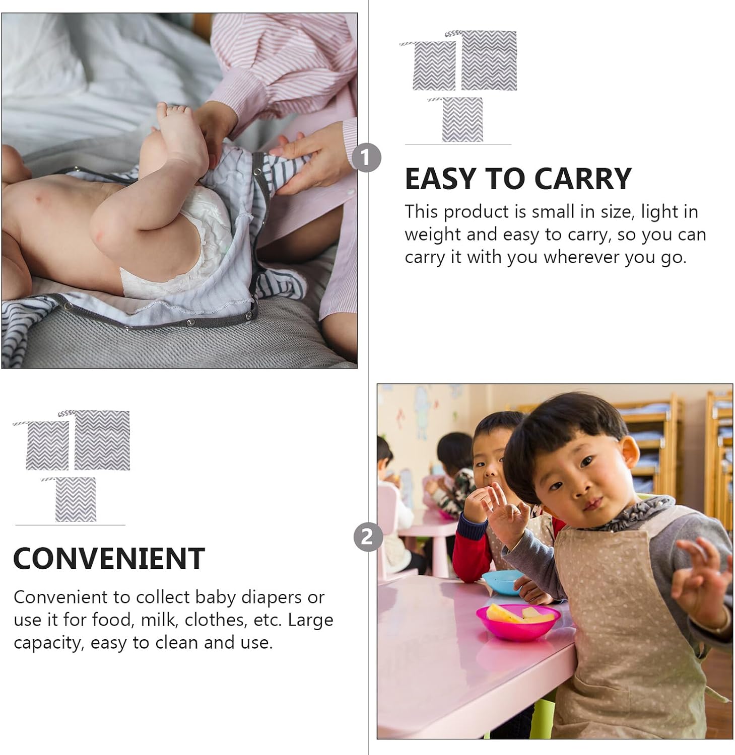 3pcs Waterproof Diaper Storage Pouch Set with Wet Dry Bags for Nursery, Reusable Diaper Organizer in Small, Medium, Large Sizes for Travel and Daycare