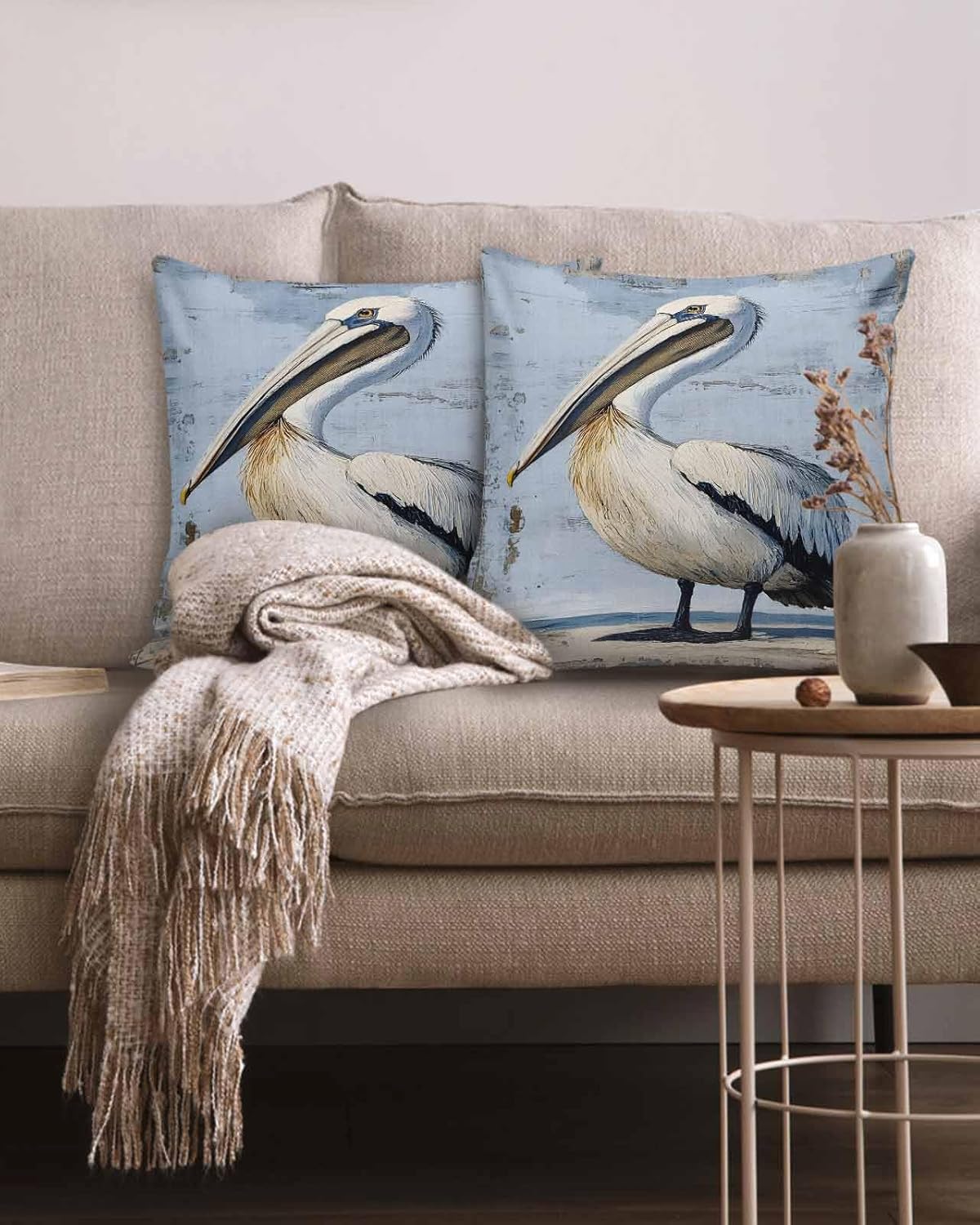 Throw Pillow Covers 18x18 Inch Set of 2 Watercolor Pelican Linen Decorative Pillows Cushion Case Pillowcases Blue Oil Painting Throw Pillows for Couch Sofa Bedroom Chair Garden Home Decor - Image 2