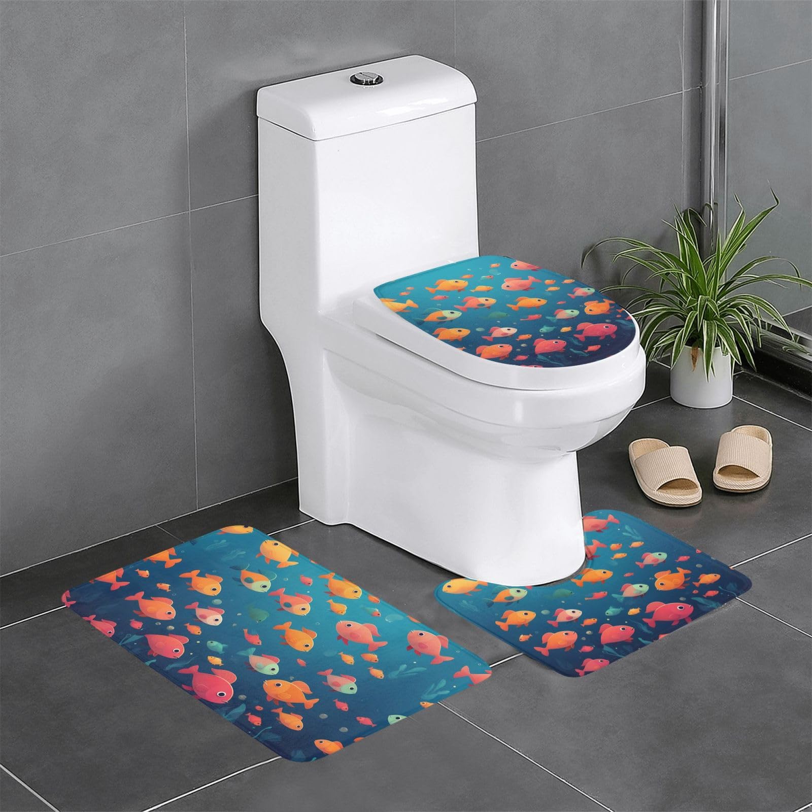 Tapis de salle de bain antidérapants lot de 3 The Happy World of Little Fish pour toilettes et WC