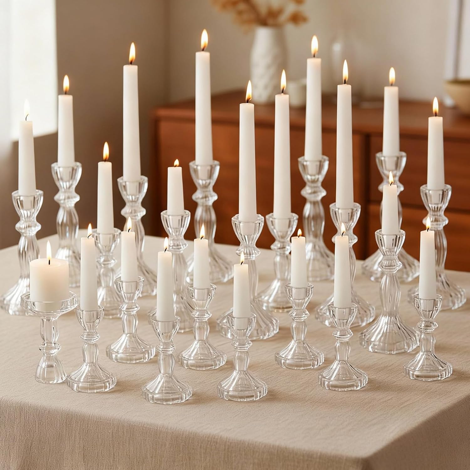 12 Pack Glass Candlestick Holders Set 4.3/6.1'' Taper Stripe Candle Holder Bulk Floral Shape Crystal Decorative Candle Stand Centerpiece for Table Valentine's Day Wedding Dining (Clear)