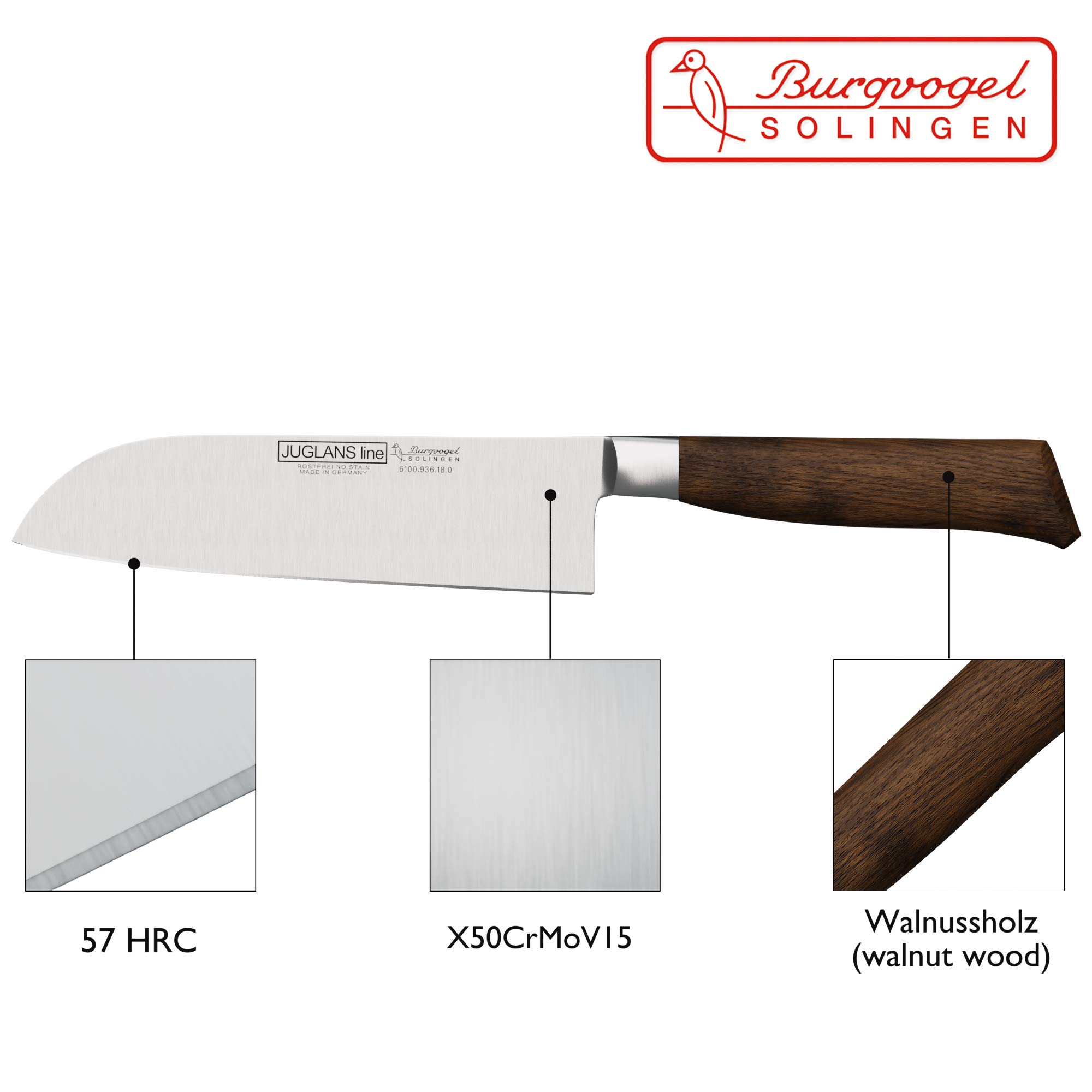 Burgvogel Solingen Juglans Line Santokumesser Walnussholz 18 cm, rostfrei, Japanisches Kochmesser scharf geschmiedet, dunkel, premium, klein, Braun Rot