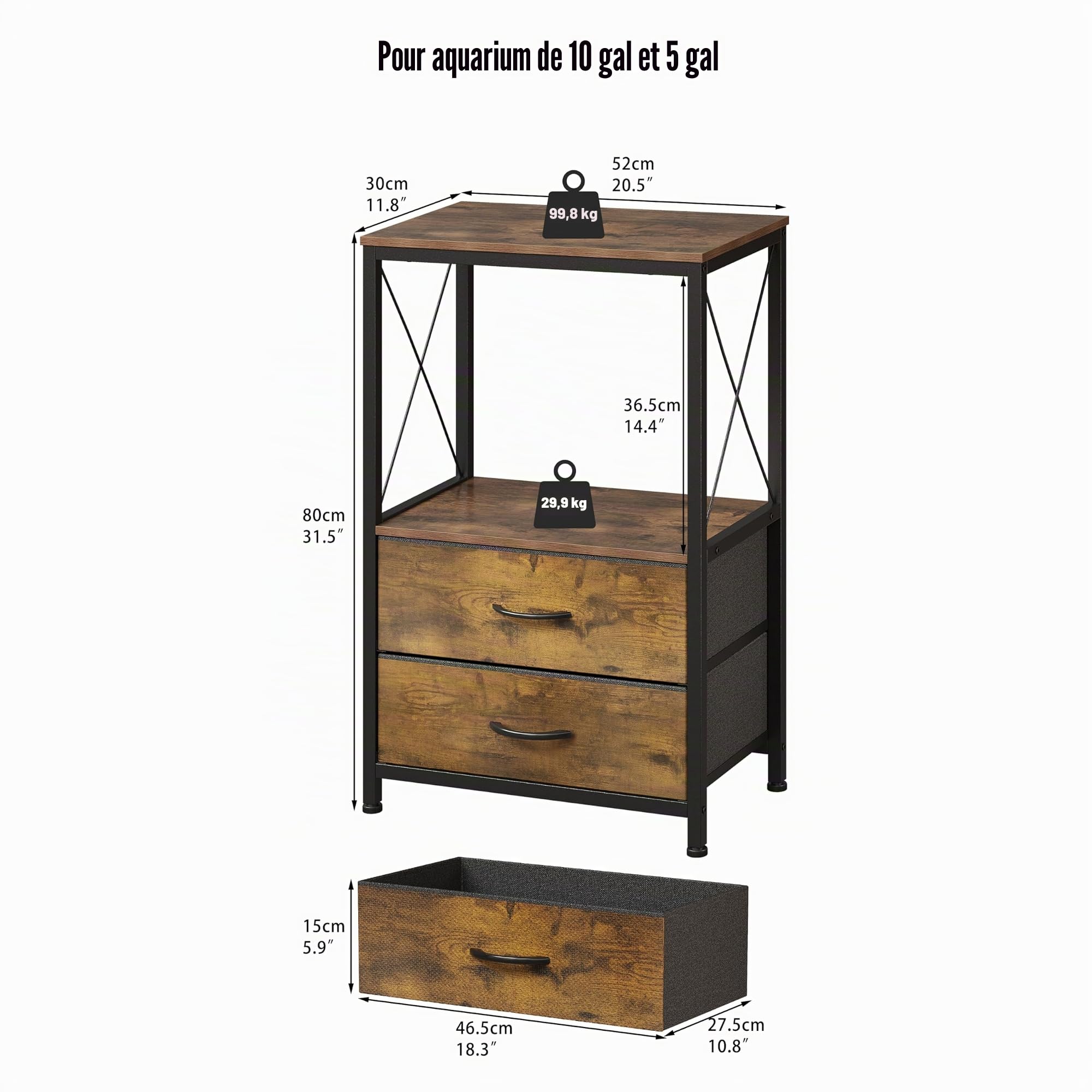 Support d'aquarium 38 L avec 2 tiroirs, étagère 40 L pour poissons tortues reptiles, table 2 étages marron rustique