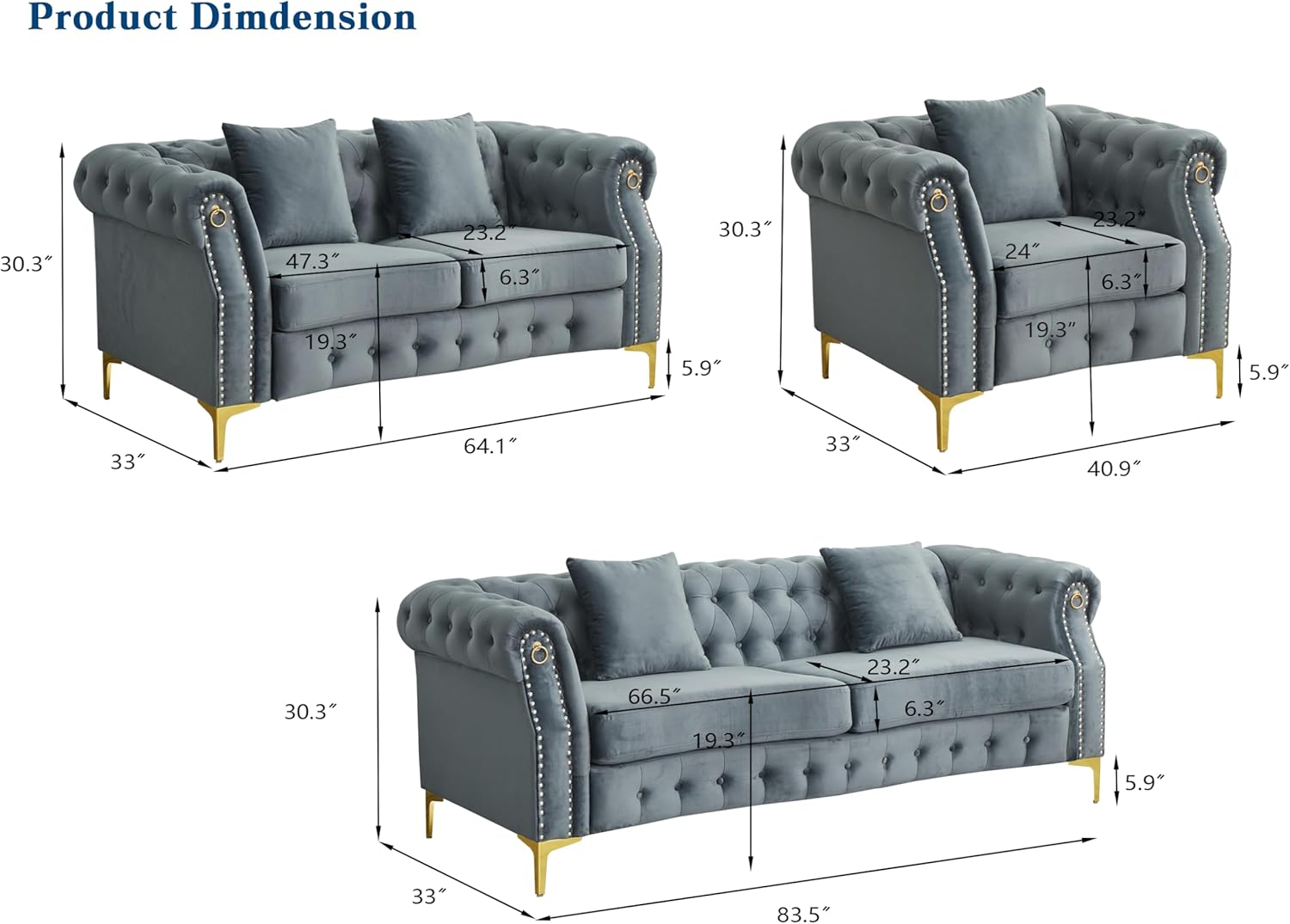 Hybition 3-Piece Living Room Sofa Set, Grey Velvet, Tufted Design with Gold Metal Legs, Nailhead Trim