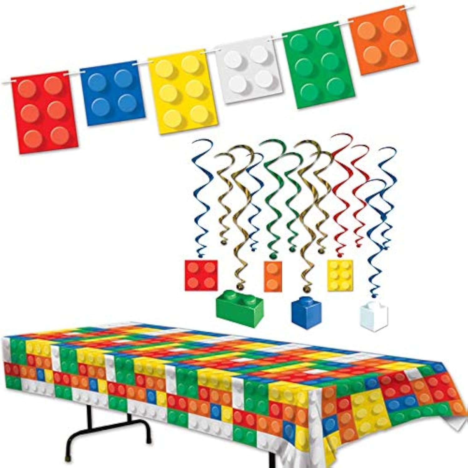 Building Blocks Party Decorations with Colorful Plastic Tablecloth, Building Blocks Banner, and Hanging Whirls - Birthday Party Decor for Boys and Girls