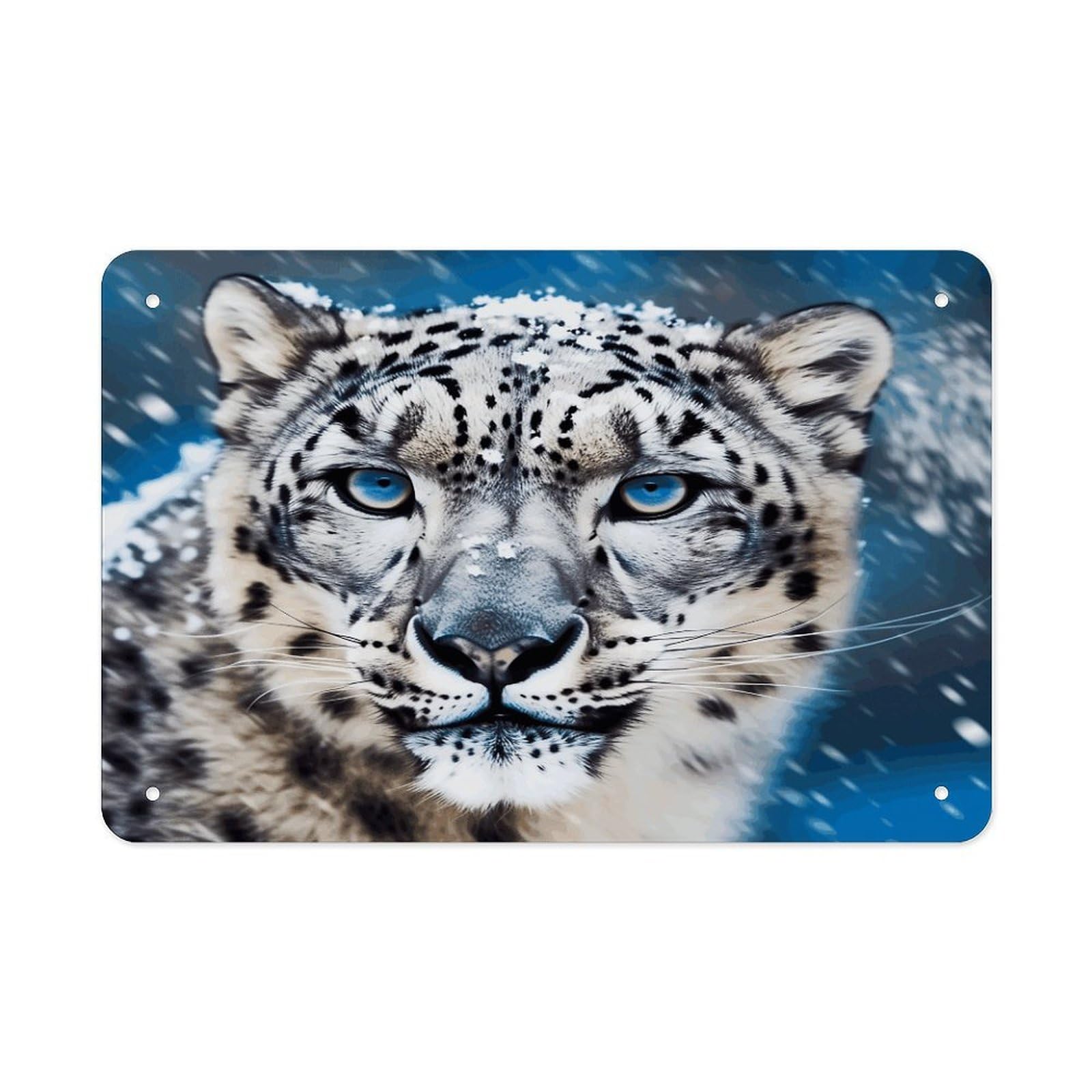 Blue Eyed Snow Leopard Metal Tin Sign 12"x8" Wall Art Prints Poster Decorative Picture Metal Signboard Decor Painting Folded Edge Iron Sheet Painting with Holes for Wall Decor