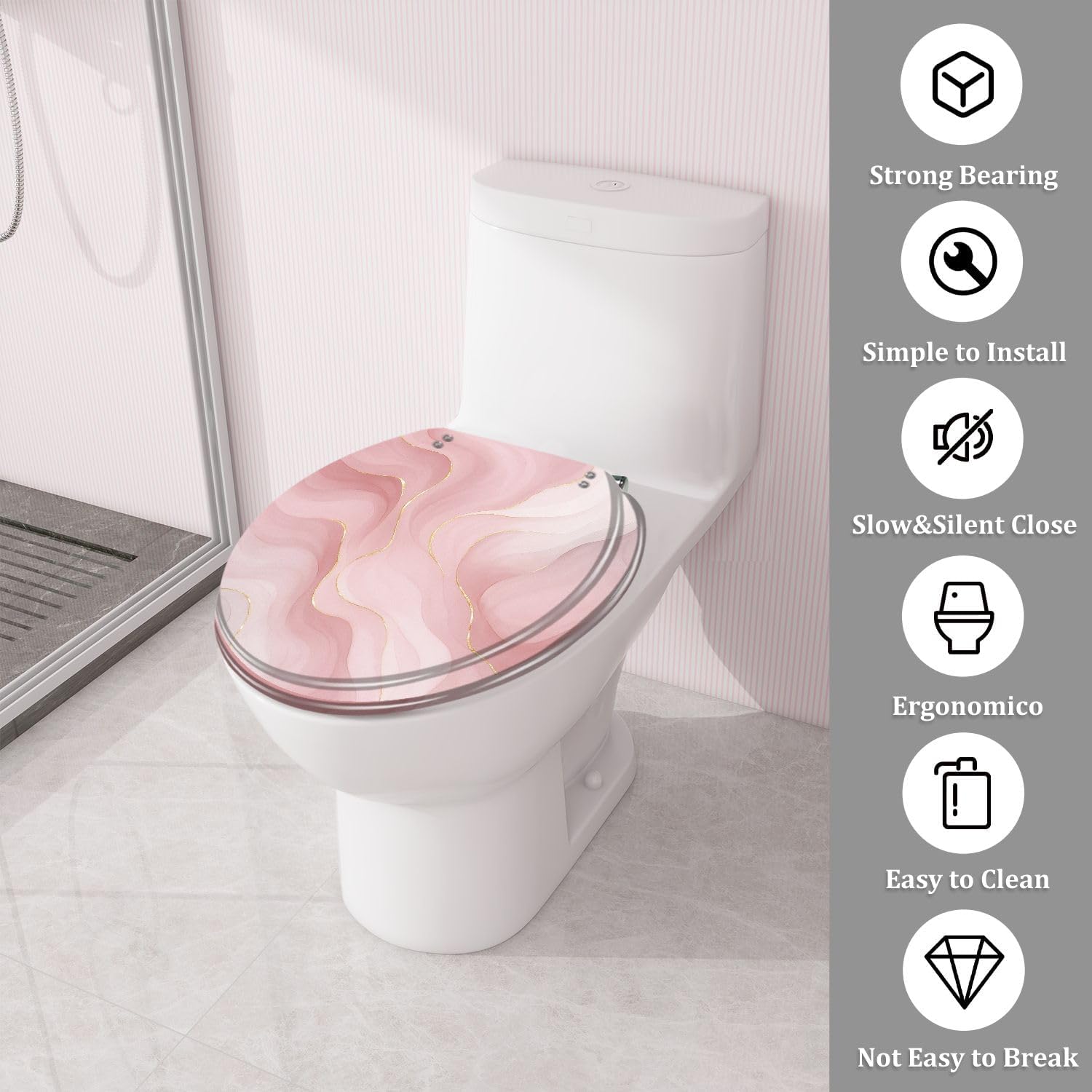 Round Toilet Seat Pink soft pastel gold line sparkle marble texture Resin Toilet Seat Quietly Close Quick Release Hinges with Cover Bumpers Decorative Easy to Install Clean