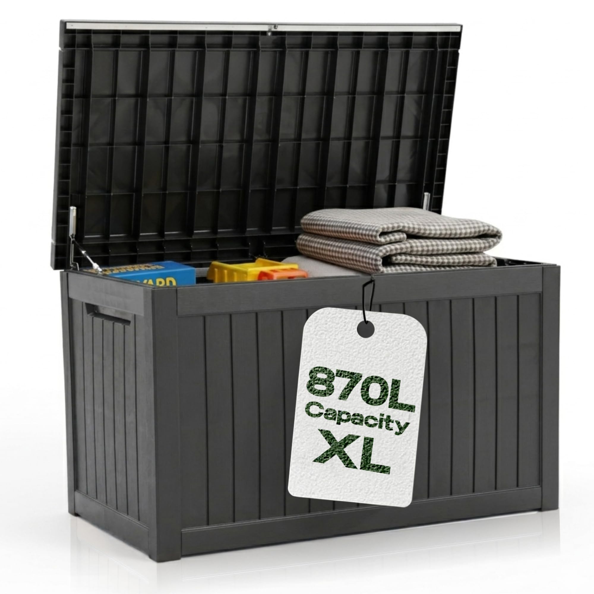 Olsen & Smith 680L XL Outdoor Garden Storage Box, Weatherproof Wood Effect Outdoor Storage Box, Lockable Large Storage Box with Lid, Padlock, Seat, Storage Boxes with Lids, Anthracite, 146 x 71 x 75cm — view 9