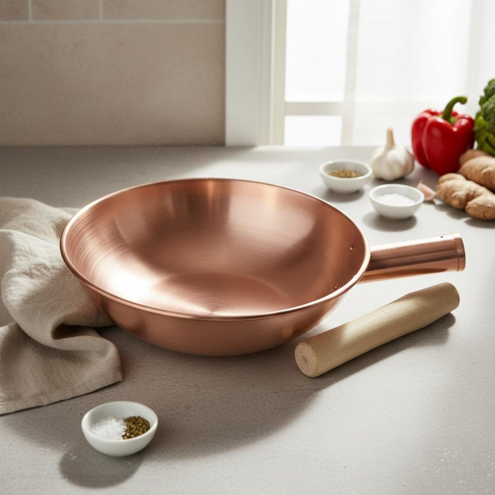 Amagogo Rame Padella Wok Antiaderente Utensile Cucina Manico Ergonomico Struttura Metallo Prestazioni Uniformi Adatto per Appassionati di Cucina Routine Preparazione Pasti, 30CM