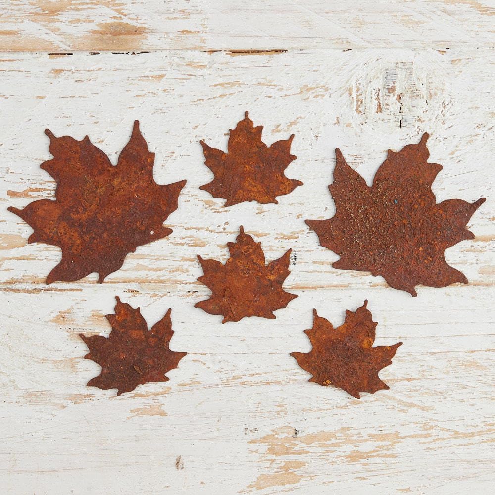 Package of 24 Rustic Metal Leaf Shape Cutouts - Primitive Farmhouse Small Rusted Tin Autumn Leaves for Crafts Projects and Fall Decorations (16 Leaves- 1-1/4" + 8 Leaves - 2")