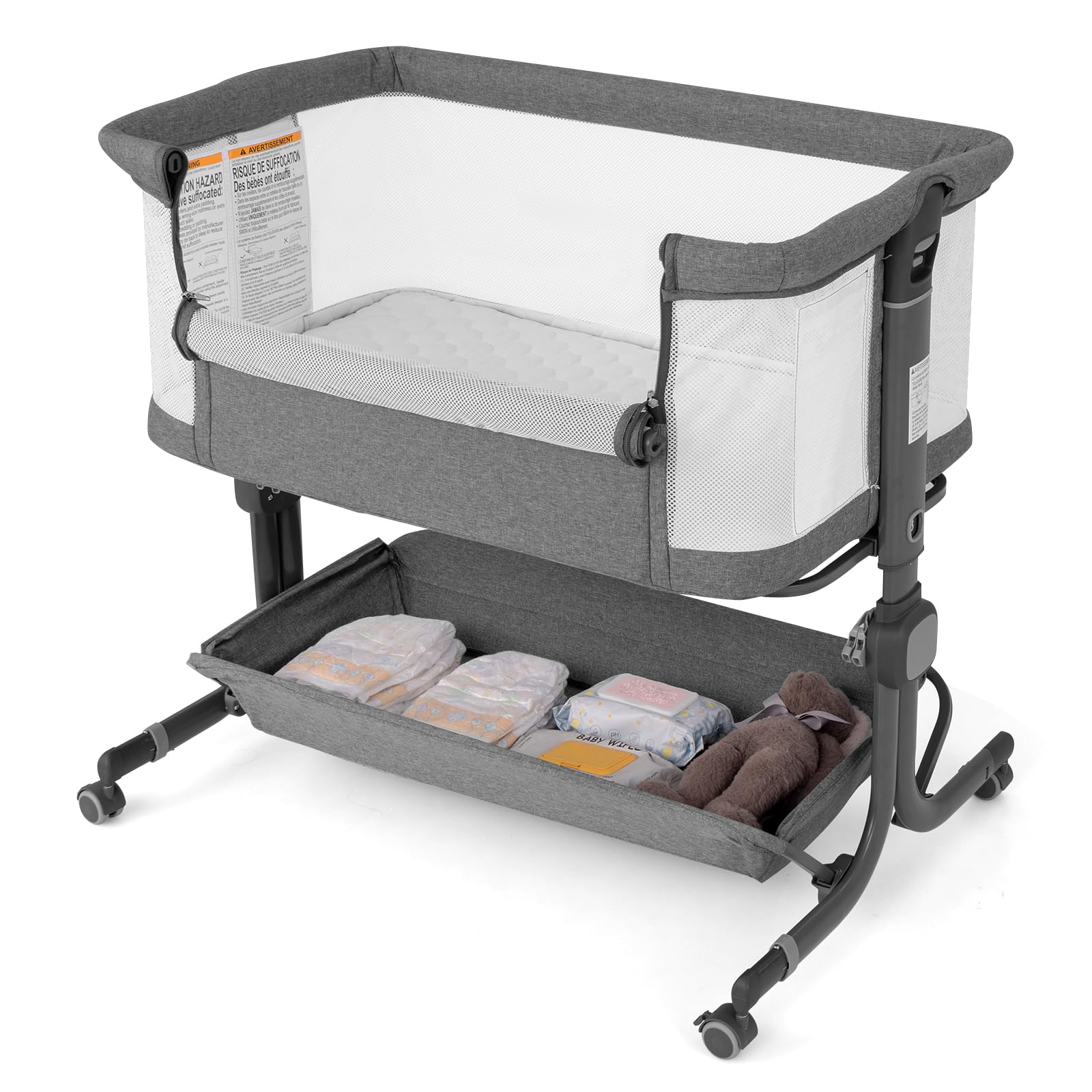 RELAX4LIFE Cuna Colecho Bebé con 6 Alturas Ajustables, Colchón, Cesta de Almacenamiento y Ruedas Bloqueables, Cunas para Bebés con Bolsa de Transporte para Bebes 0-6 Meses (Gris)
