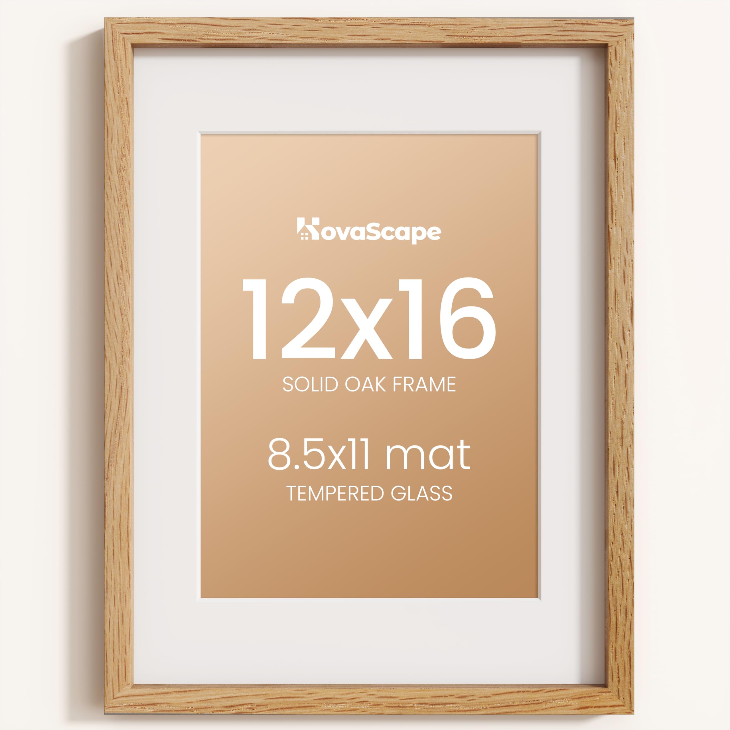 KovaScape 12x16 Photo Frame, Natural Solid Oak Wood Picture Frame with HD Tempered Glass, Modern Minimalist Wooden Frame Matted for 8.5x11 Photos, Versatile Wall Hanging & Tabletop Display
