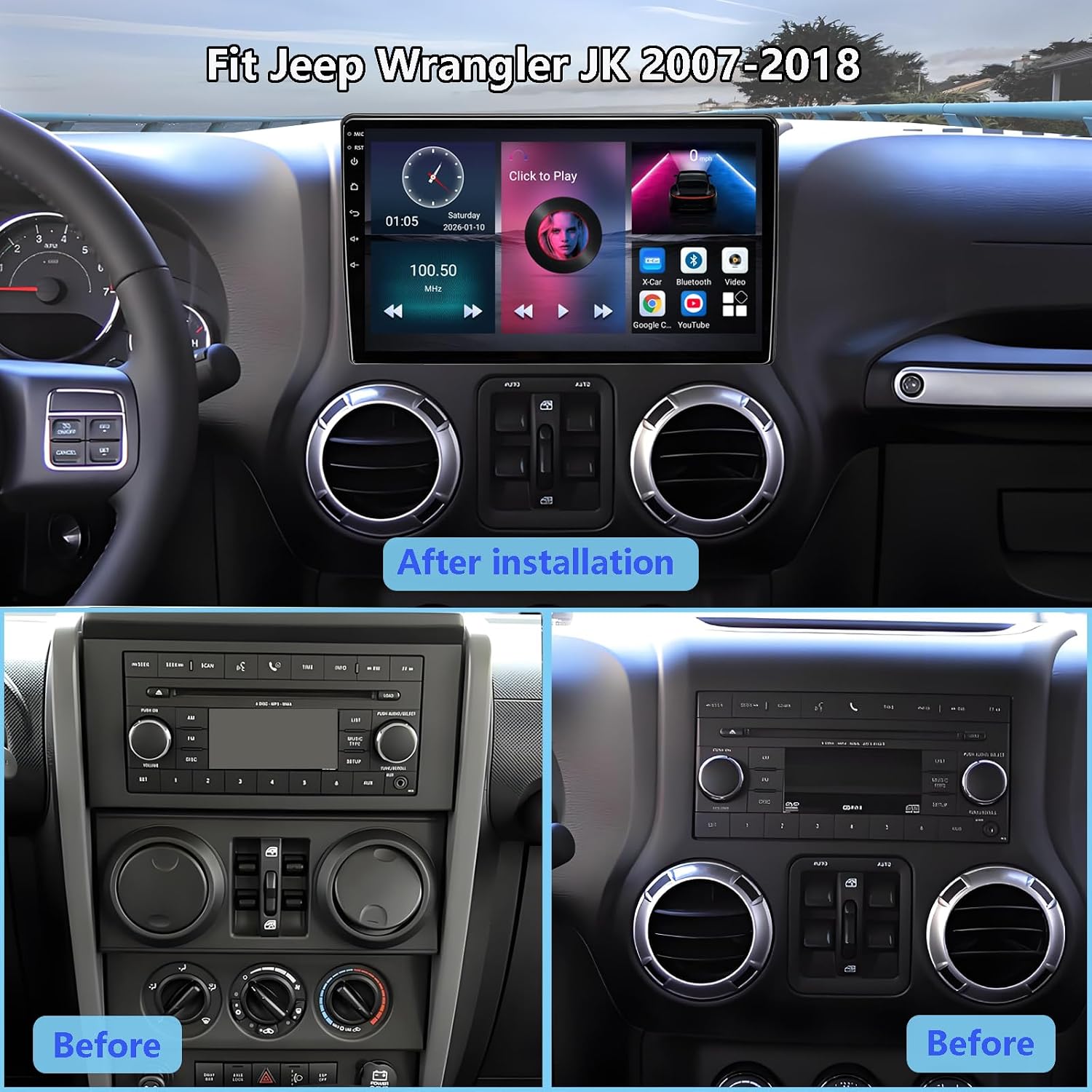 Car Radio Replacement for Jeep Wrangler JK 2007-2018: 8-Core 4GB+64GB 10.2 Inch Touchscreen Stereo with Wireless CarPlay Android Auto - Upgrade Android 15 Head Unit GPS Navigation