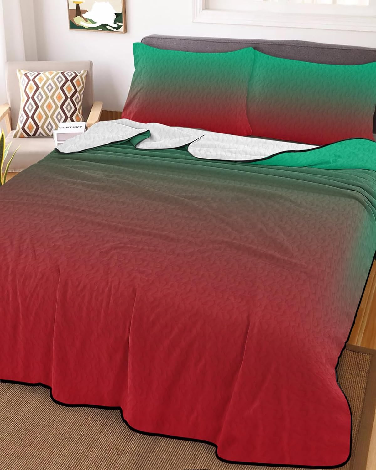 King Size Quilt Set, Red to Green Shadow Lightweight Bedspread Coverlet Set Soft Microfiber Summer Quilt with 2 Pillow Shams, Gradient Watercolor Art 3 Piece Comforter Bedding Set