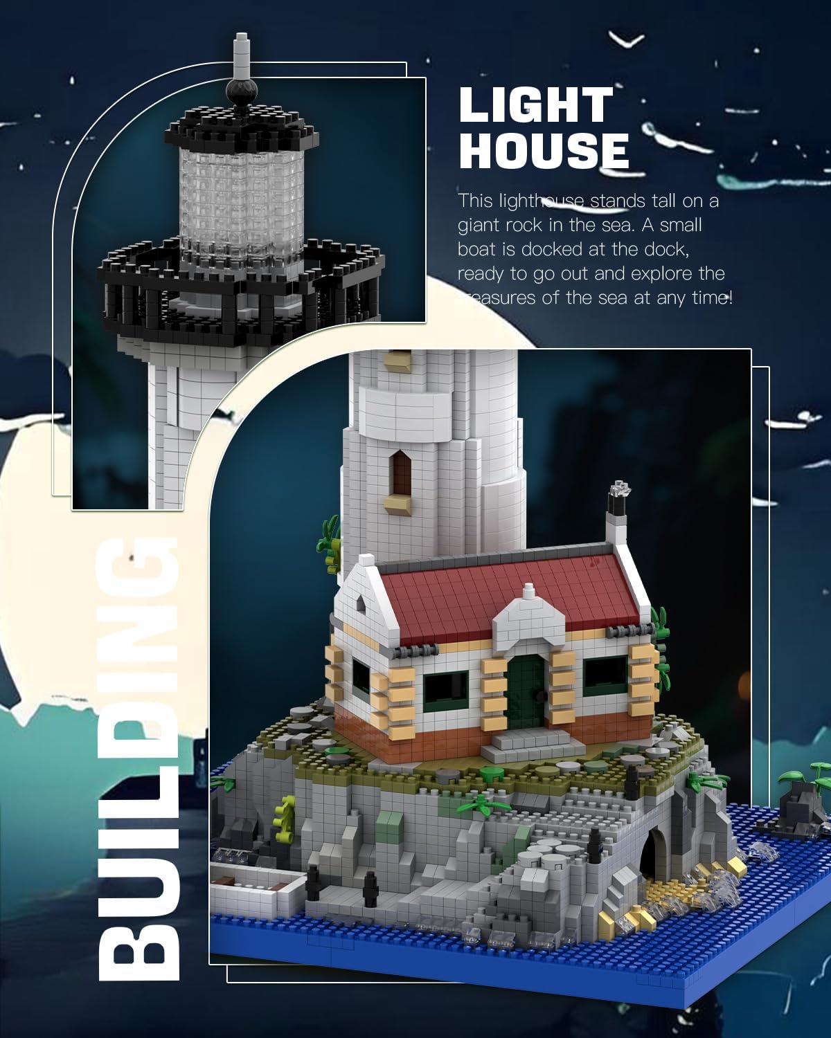 Close-up view of the lighthouse top section and surrounding details.