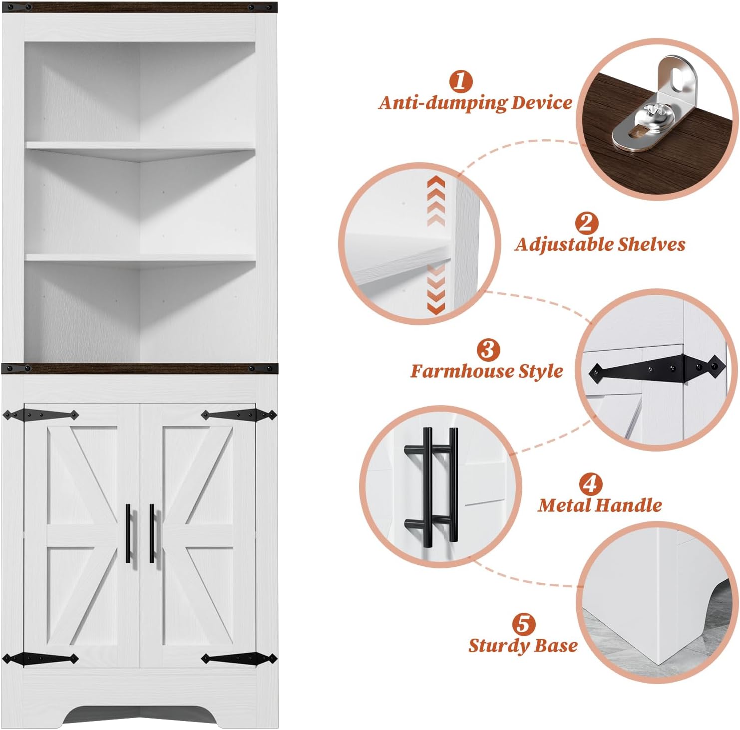 ROOMTEC Tall Bathroom Corner Cabinet with Barn Door & Adjustable Shelves, Freestanding Farmhouse Corner Storage Cabinet, Wooden Storage Organizer Furniture for Bathroom, Living Room, Kitchen, White