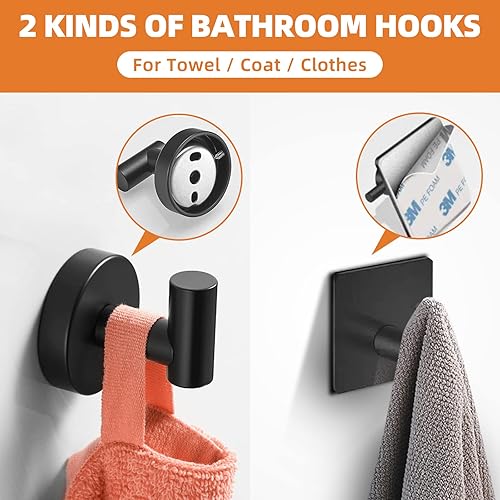 Miniatura 5 de Juego de 5 piezas de accesorios de baño negro mate, juego de toalleros de acero inoxidable 304 redondo montado en la pared, incluye barra de toalla