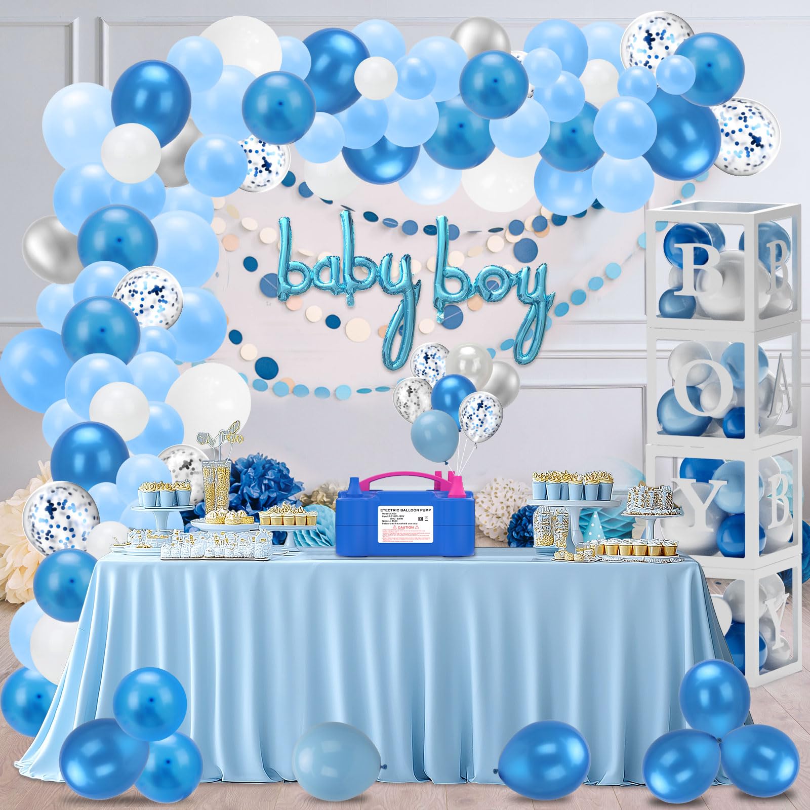 IDAODAN Blue Baby Shower Decorations for Boy with Electric Balloon Pump, Baby Boy Shower Decorations Baby Boy Decorations for Baby Shower and Balloon Pump