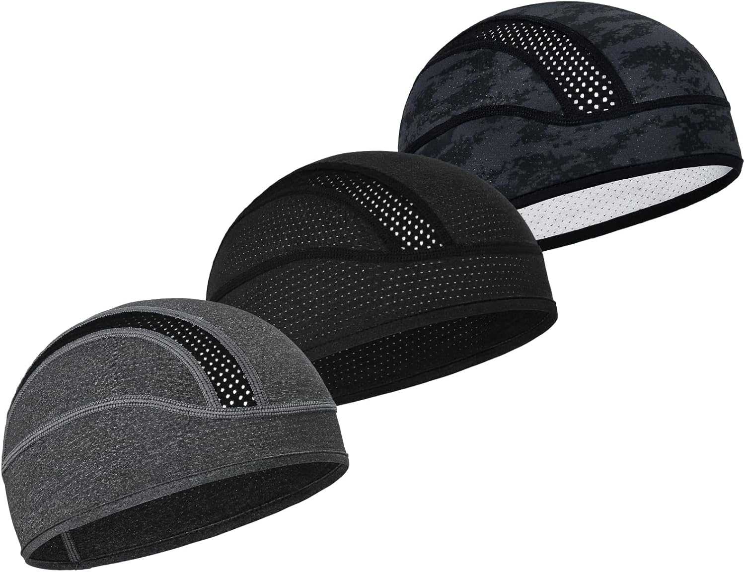 MELASA 3 Pack Cooling Skull Cap, Sweat Motorcycle Helmet Liner Head Cover, Mesh Cycling Running Hat for Men Women