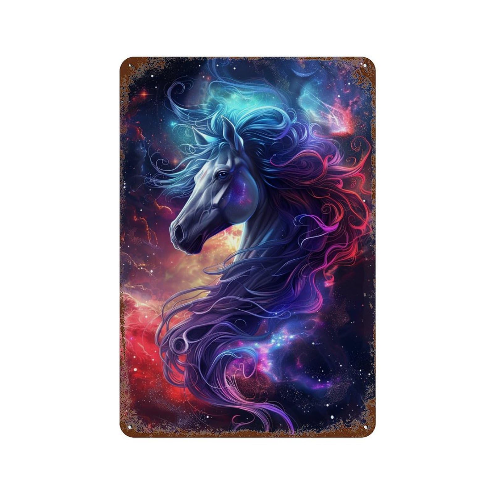 Distressed Metal Wall Sign with Galactic Horse Art Print Design 11.8"x7.9", for Shed, Workshop And Garage Wall Decor, Decorative Metal Wall Art