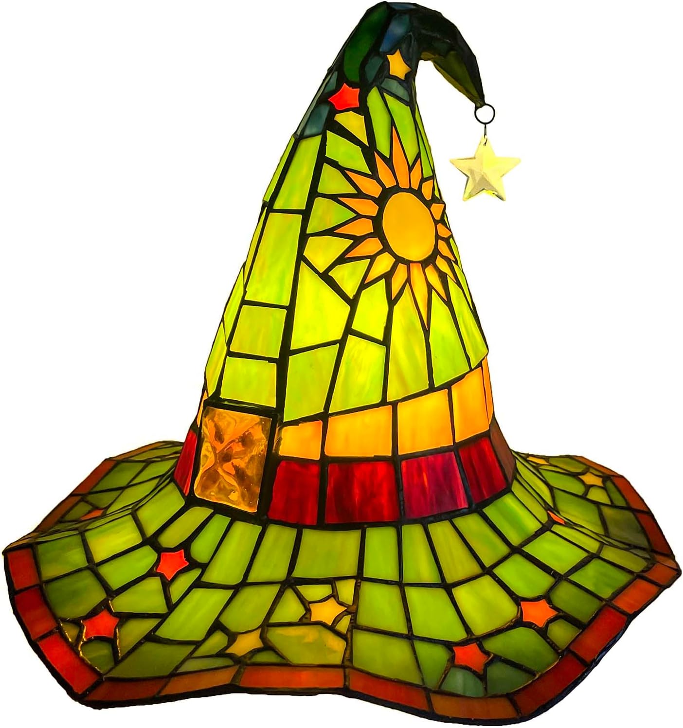 Bieye L13011 Tiffany Style Stained Glass Wizard Hat Table Lamp with Hanging Star, Handcrafted Fantasy Witch Hat Accent Light for Magical Home & Halloween Décor