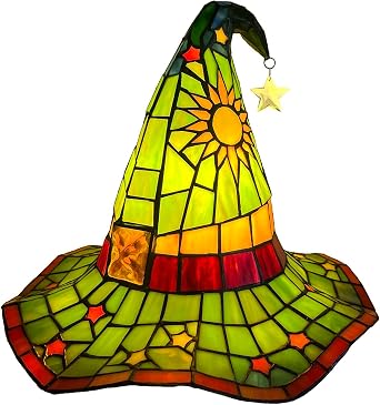 Bieye L13011 Tiffany Style Stained Glass Wizard Hat Table Lamp with Hanging Star, Handcrafted Fantasy Witch Hat Accent Light for Magical Home & Halloween Decor