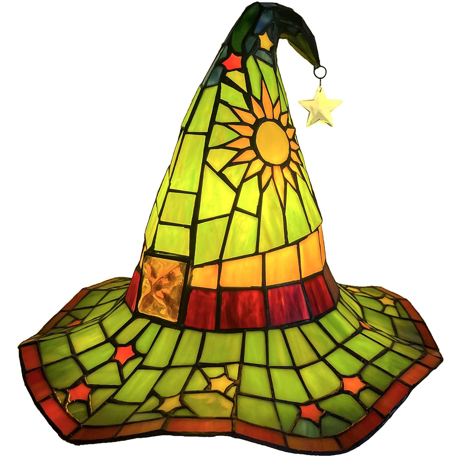 Bieye L13011 Tiffany Style Stained Glass Wizard Hat Table Lamp with Hanging Star Handcrafted Fantasy Witch Hat Accent
