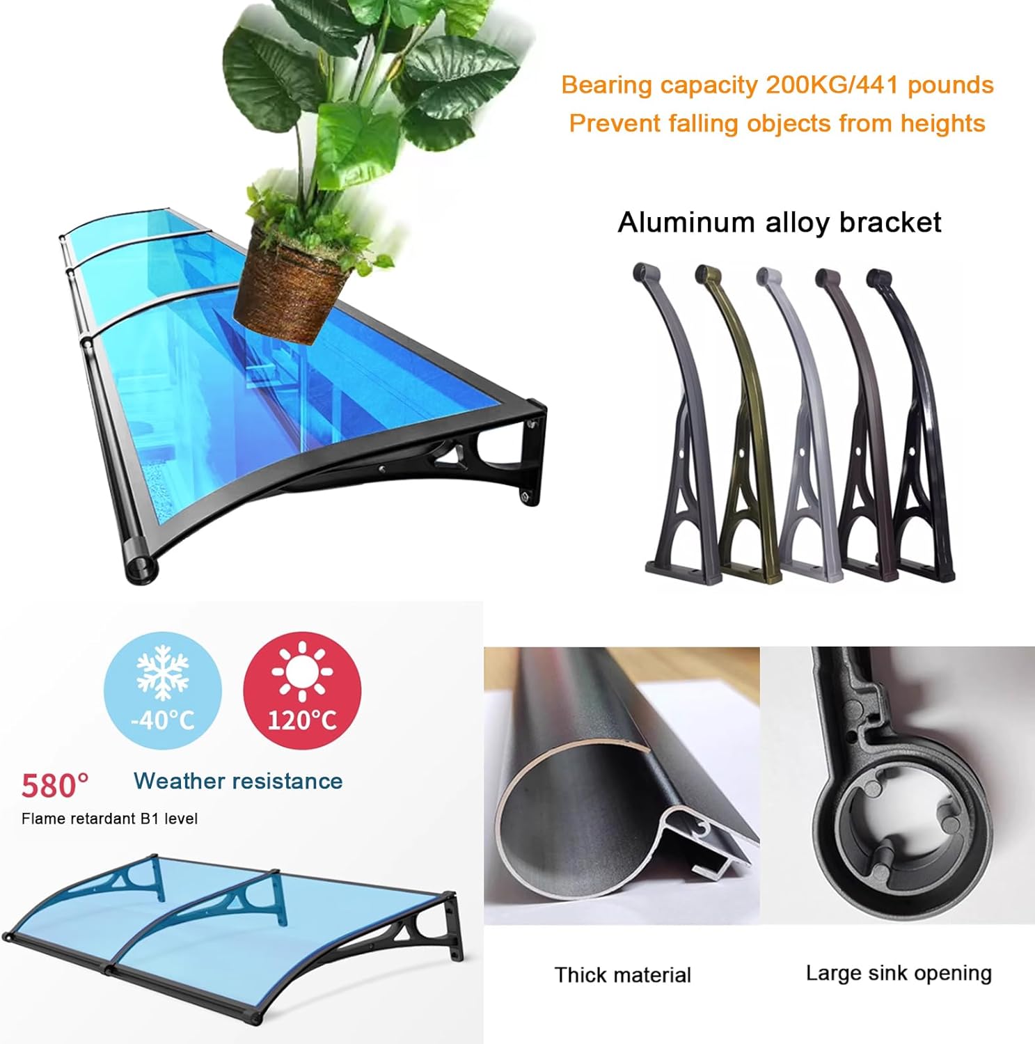 Aluminum Alloy Large Water Sink Front Door Canopy Outdoor Awning,UV Water Rain Resist Window Awning,Blue Polycarbonate Cover,60/80/100/120/150cm,for Courtyard Terraces Porch (80x110cm/31 x42