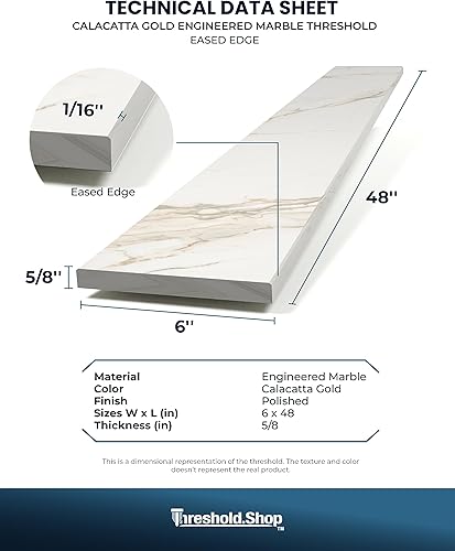 Miniatura 8 de Borde de ducha de 48 pulgadas  Umbral de mármol de ingeniería de oro Calacatta para sistemas de bandeja de ducha Schluter Kerdi y Tile Redi (4 x 48